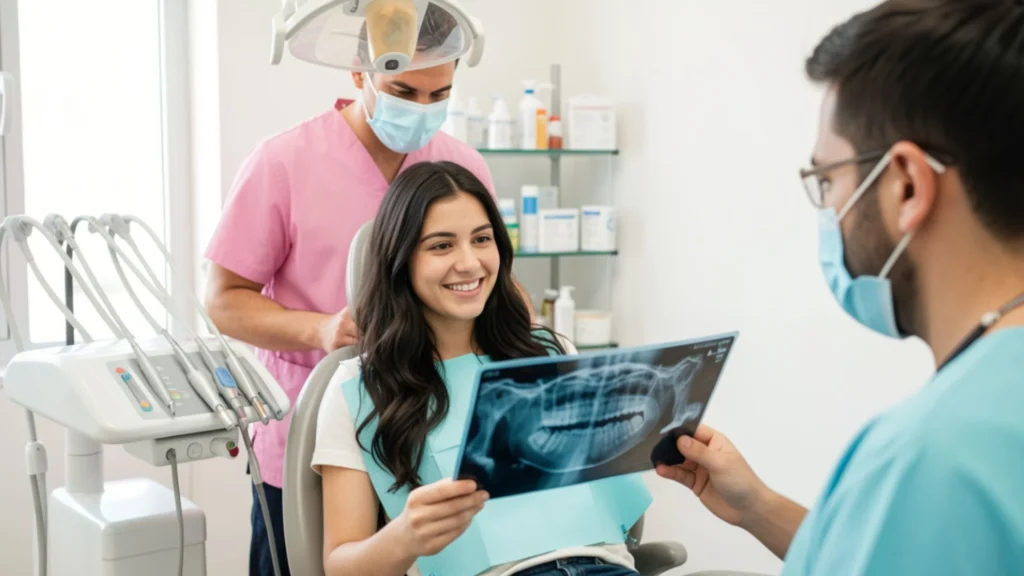 Patient reviewing a dental X-ray with a dentist before deep root scaling treatment