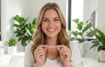 Woman holding clear dental aligners